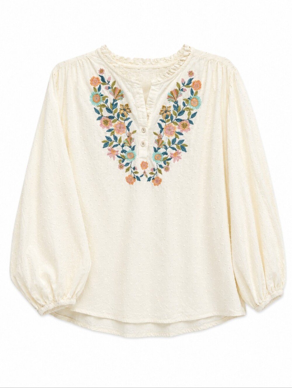 314-💯 Cotton Cream Peasant Top with Multicolor Floral Embroidery